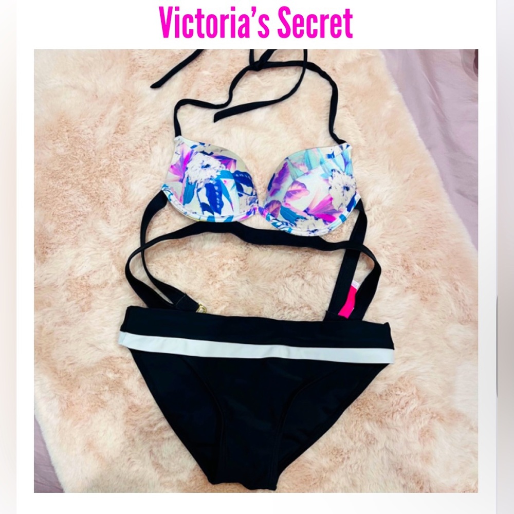 Victoria’s Secret Swimwear Blue/Black Floral Underwire Push-Up Bikini Set